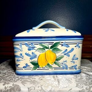 Inspirado Stoneware Bread Box with Lemons Design- Blue And White ~ China